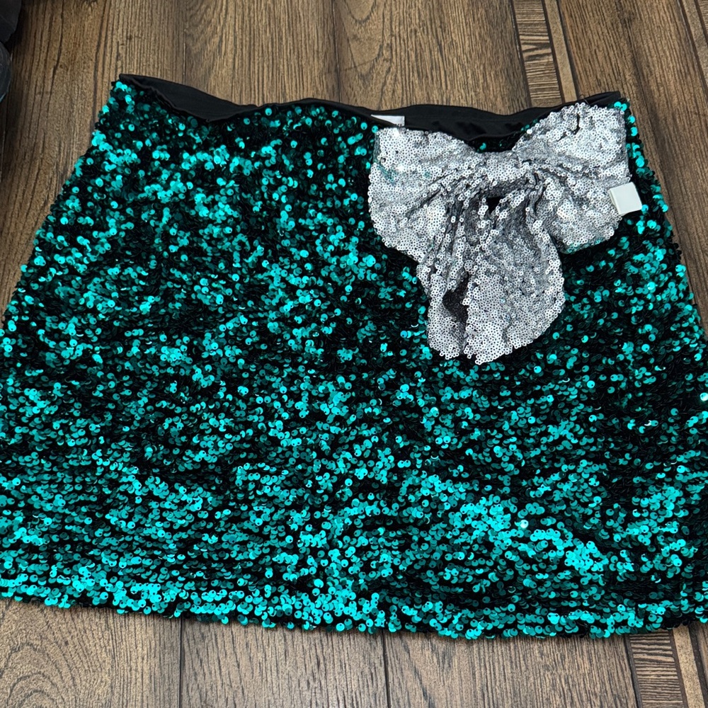 Love on a Hanger Teal Sequin Skirt with Silver Bow